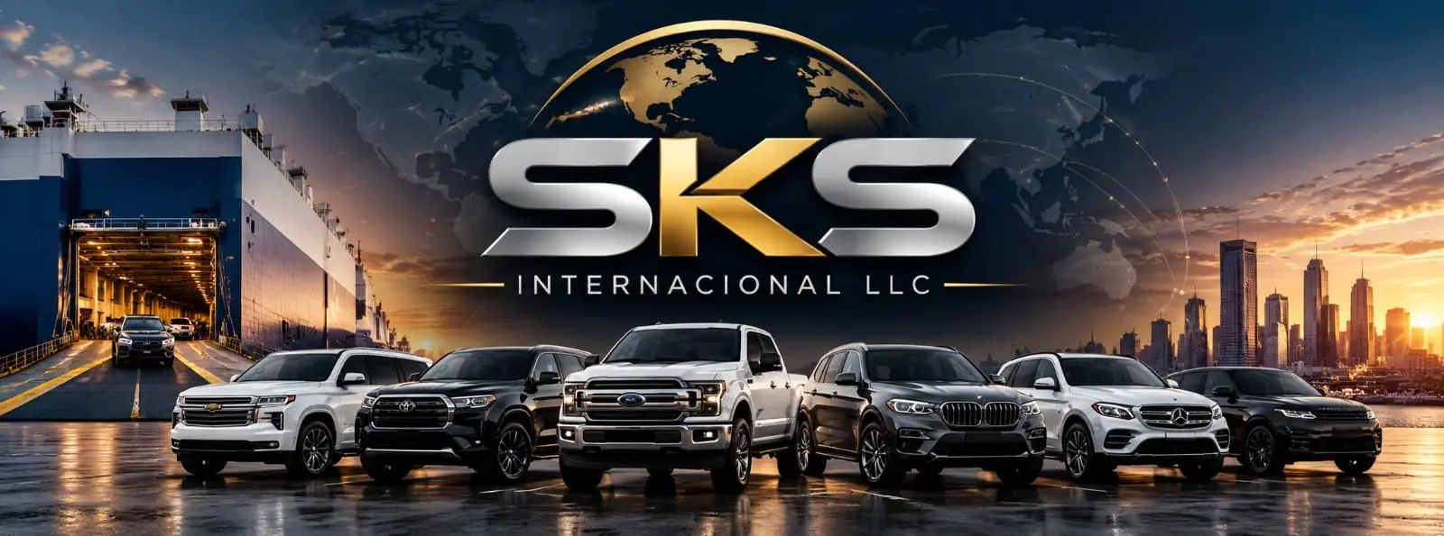 Vehicles lined up at a port beside a car-carrier ship, with the SKS INTERNACIONAL LLC logo over a world map