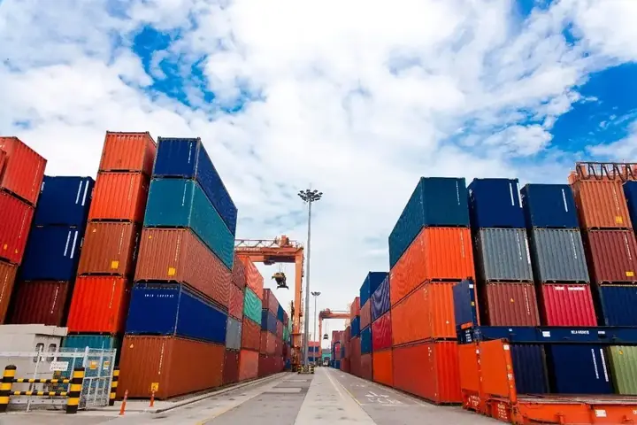 Stacked shipping containers and gantry cranes at a container port