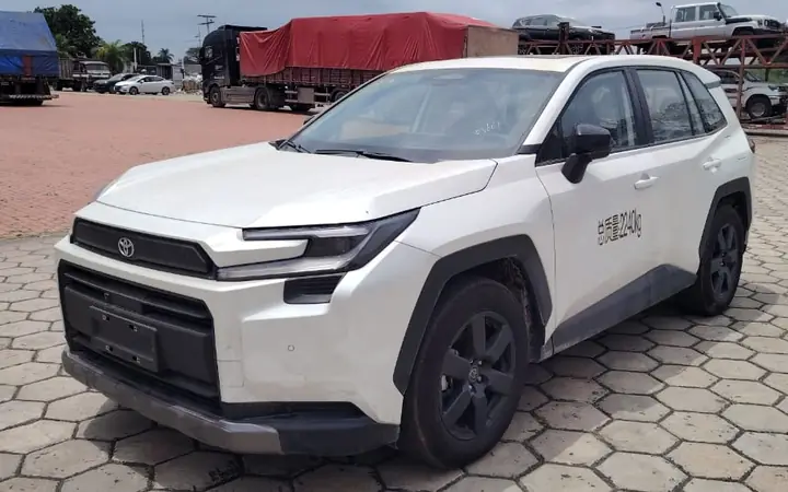 White Toyota RAV4 SUV parked in a yard
